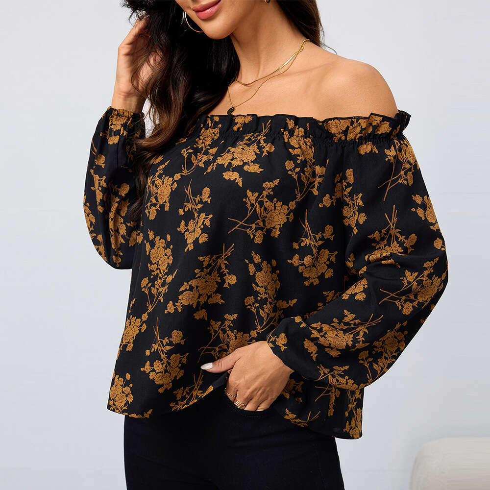 Women's Off Shoulder One Neck Women's Shirt Autumn And Winter New Floral Temperament Long Sleeved Top KLMY