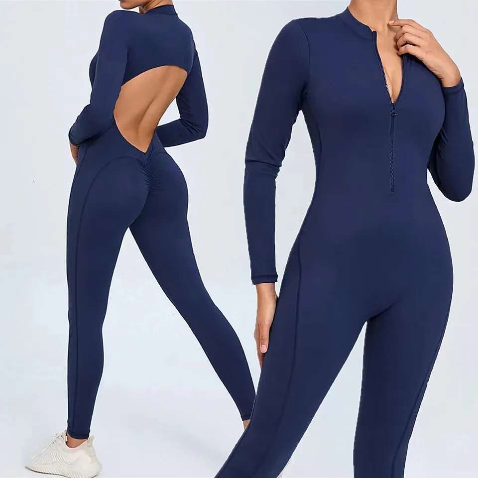 Women Long Sleeve Jumpsuit One-Piece Zipper Yoga Set Gym Push Up Workout Clothes Fiess Bodysuit Sportswear KLMY