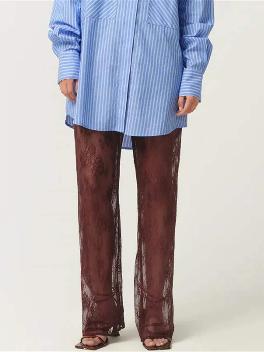 Womens Lace Pants Flower See Through Elastic Waist Straight Leg Long Trousers Casual for Beach Club 250306