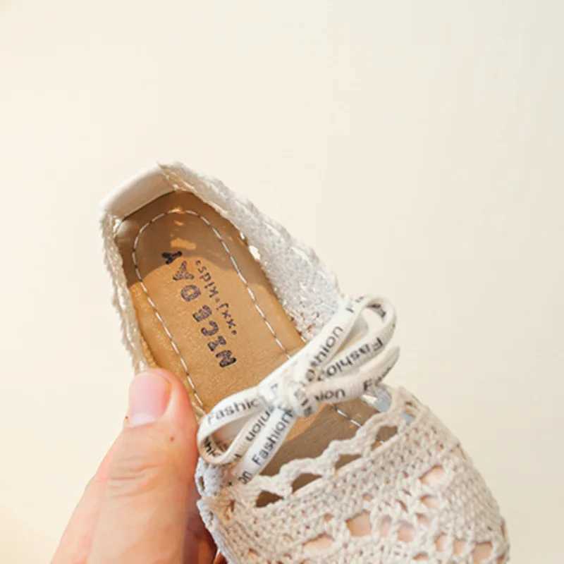Bow Mesh Girls Flats Shoes Hollow Out Lace Solid Kids Princess Shoes Hook Loop Non Slip Toddler Children Fashion ShoesT250306