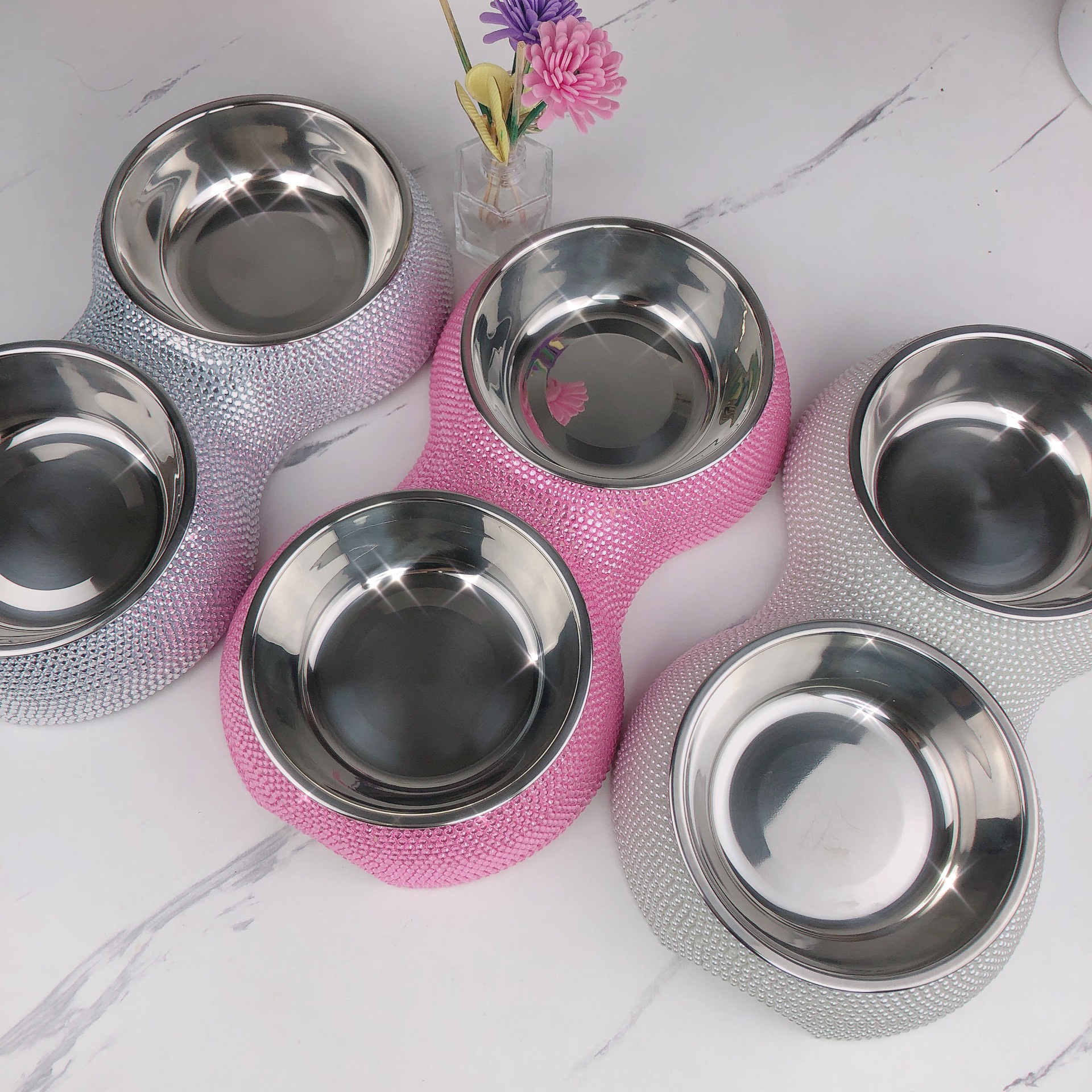 Small Cat Bowls, Handmade Bling Rhinestones Stainless Steel Pet Bowls Double Food Water Feeder for Puppy Cats Dogs Cats 320ML
