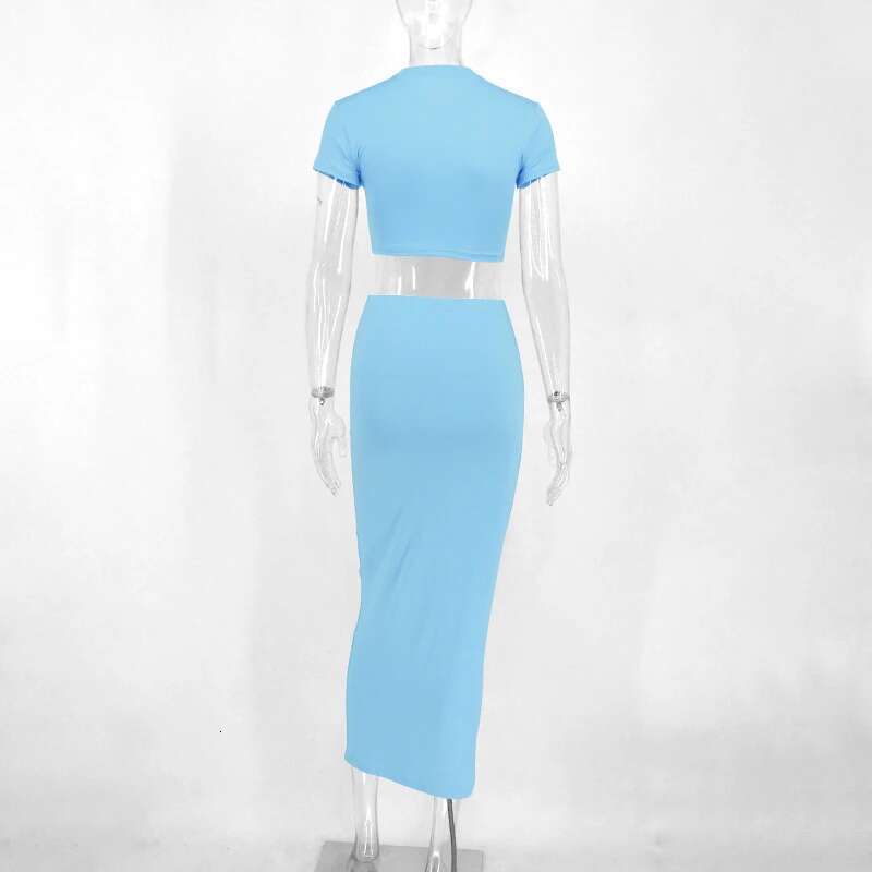 Sexy T-Shirt Two Piece Set Women New Short Sleeve O-Neck Crop Top High Waist Skirt Solid Fashion Suit Streetwear Partywear KLMY
