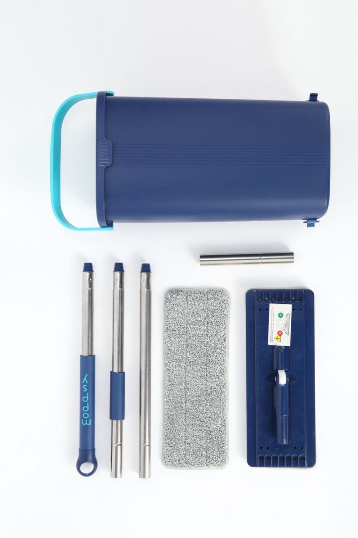 Durable Floor Mop System with Inbuilt Bucket Complete with Two Reusable Microfiber Pads