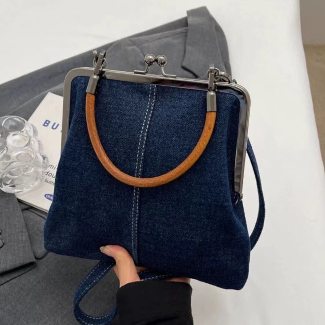 autumn new small handbag womens handbag handmade denim splicing hand-held crossbody bag shoulder bag small shoulder bag 240919