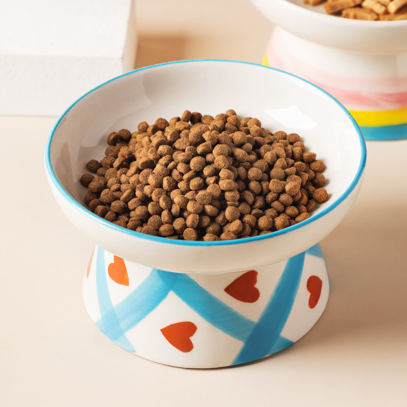 Ceramic Raised Cat Bowl, Tilted Raised Bowl Anti Vomit Cat Bowls for Indoor Cats Whisker Friendly Pet Feeder for Cats Puppies, Microwave and Dishwashe