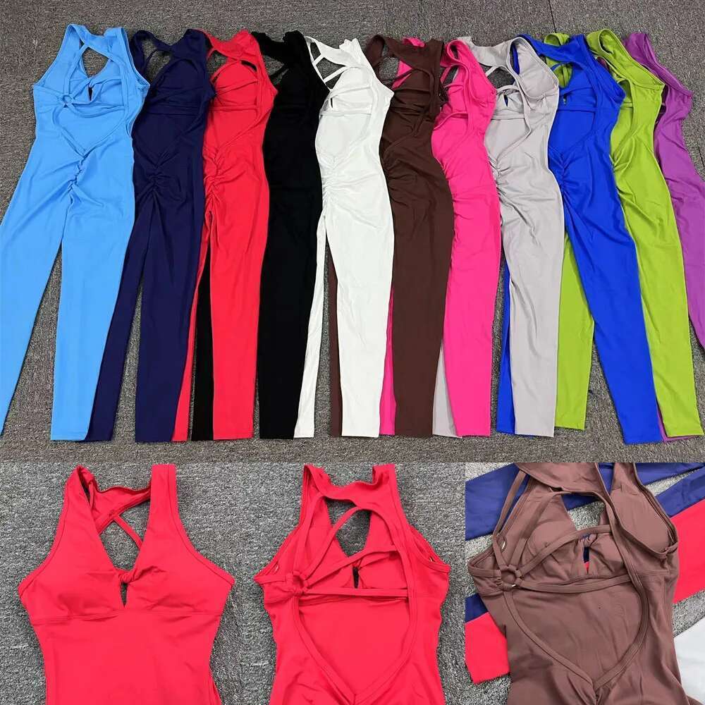 Lycra Gym Yoga Sets One Piece Cup Jumpsuit Sport Women Workout Clothes Long Pants Fiess Womens Outfits Active Suits KLMY