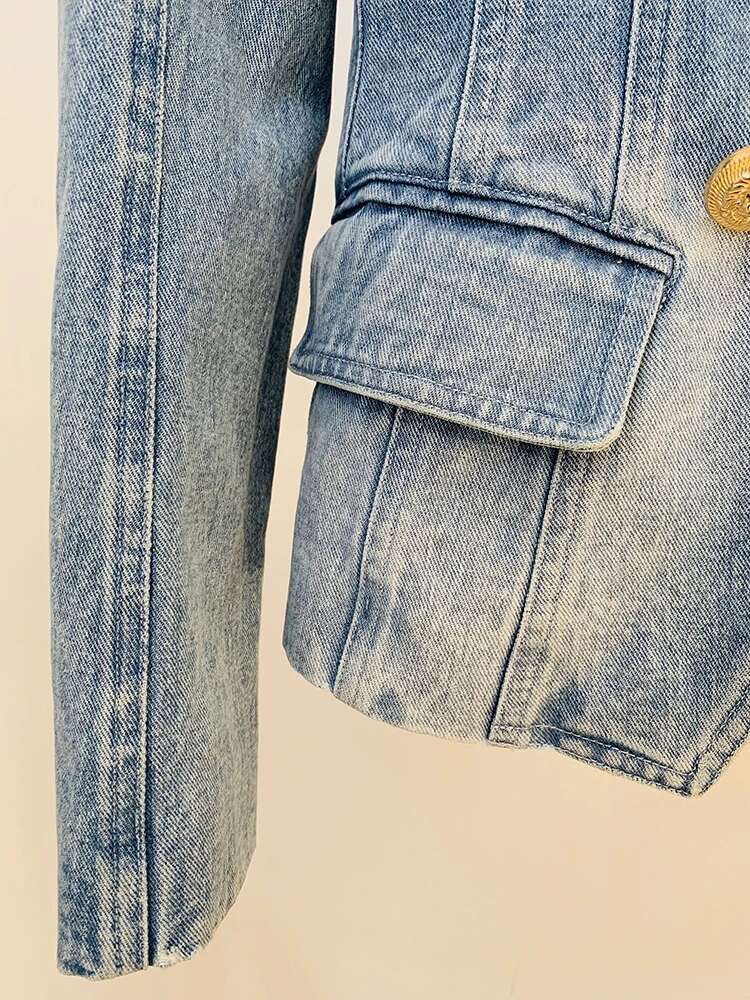 HIGH Quality 2025 Newest Designer Jacket Women's Slim Fitting Double Breasted Lion Buttons Denim Blazer