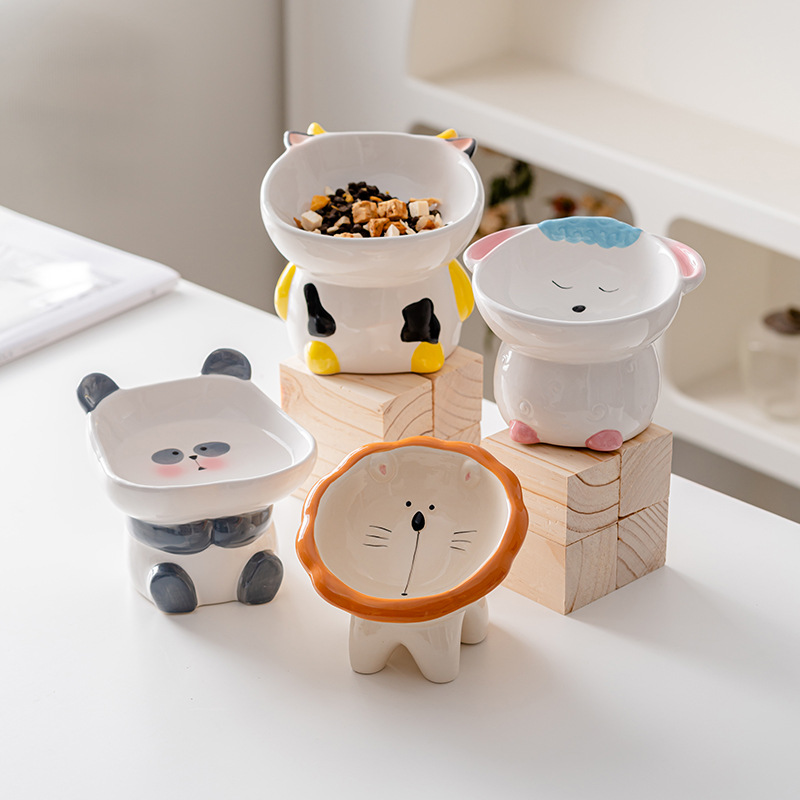 Porcelain Raised Cat Bowl, Cute Little Animals Tilted Cat Food Bowl Elevated Porcelain Pet Bowl Protect Pets Spine, Anti Vomit Prevent Tipping Over J2