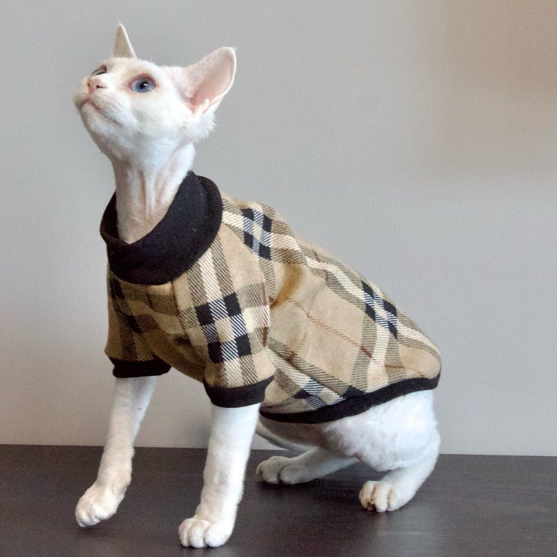 Hairless Cat Clothes Pet Warm Clothes for Sphynx, Devon, Cornish Cat Warm Shirt Apparel for Cats Pet Onesies Checkered Cotton Shirt for Cats Kitten