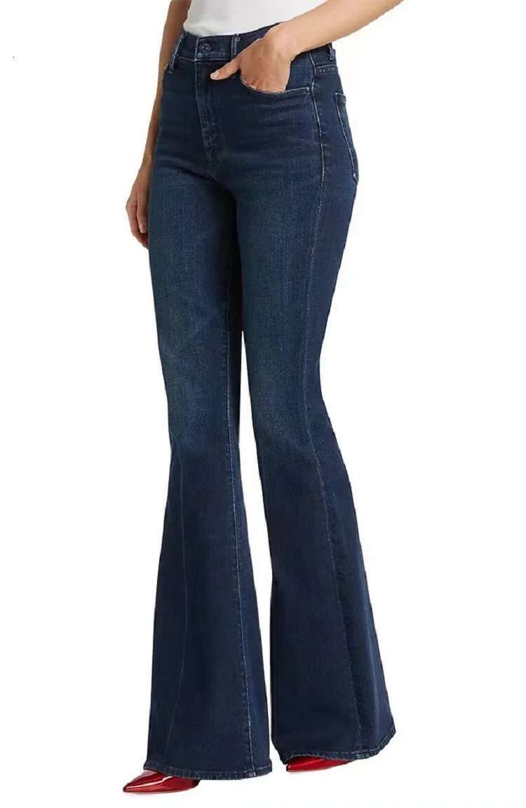 2024 Spring New High Waist Dark Blue Mide Slim Fit Flared Denim Women's Pants Trousers