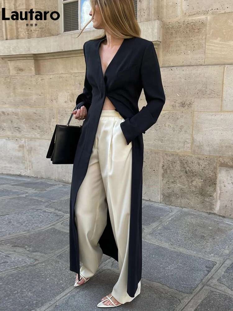 Plusizeshe Spring Autumn Extra Long Black Fitted Trench Coat For Women Single Breasted Elegant Chic Maxi Overcoat 2024