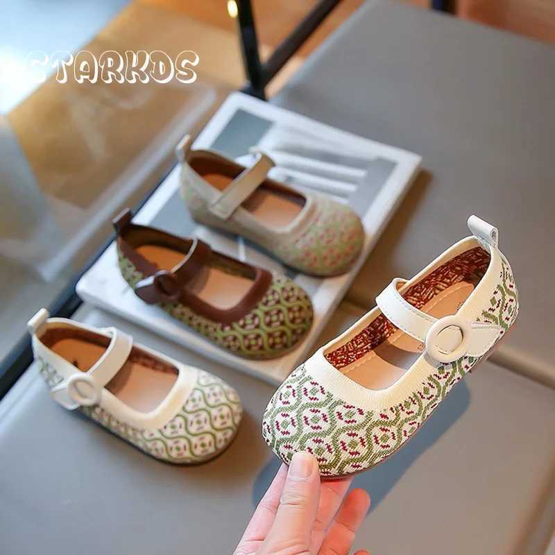 Vintage Green Jacquard Shoes Girls Breathable Knitted Ballet Flats Baby Kids Retro Elegant Floral Mary Jane Loafer ZapatosT250306