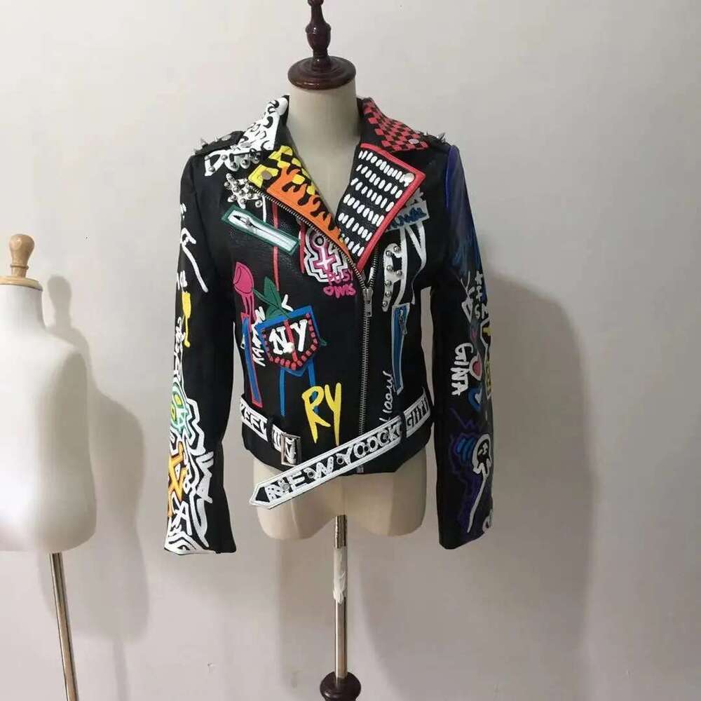 Rivet Beading Pu Leather Jacket Women Graffiti Colorful Print Biker Jackets And Coats PUNK Streetwear Jacket