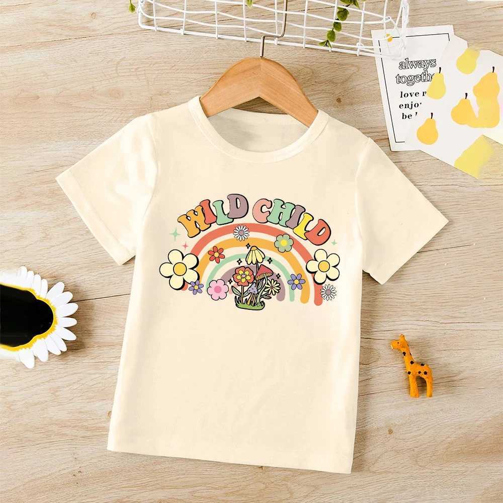Groovy Wild Child Toddler Shirt Rainbow Natural Shirts Kids T-shirt Boho Wild And Free Girls Retro Wildflower short sleeve TeeT250306