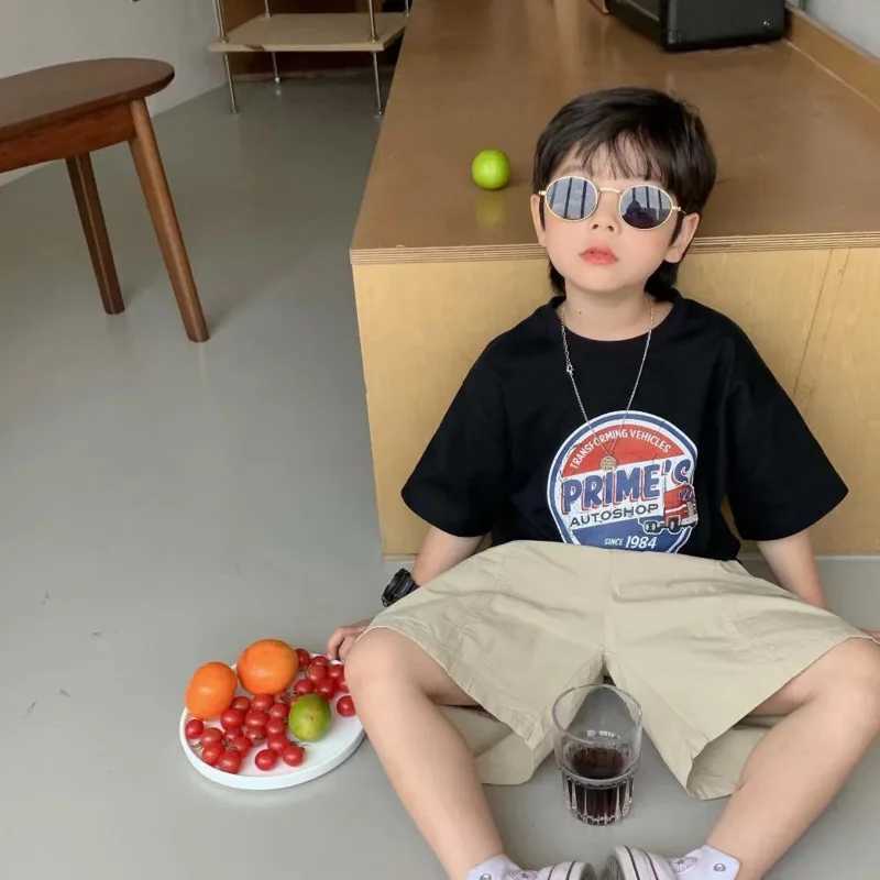 Childrens Round Neck New Temperament Summer T-shirt Five-point Sleeve Simple Trend All-match Korean Style Childrens ClothingT250306