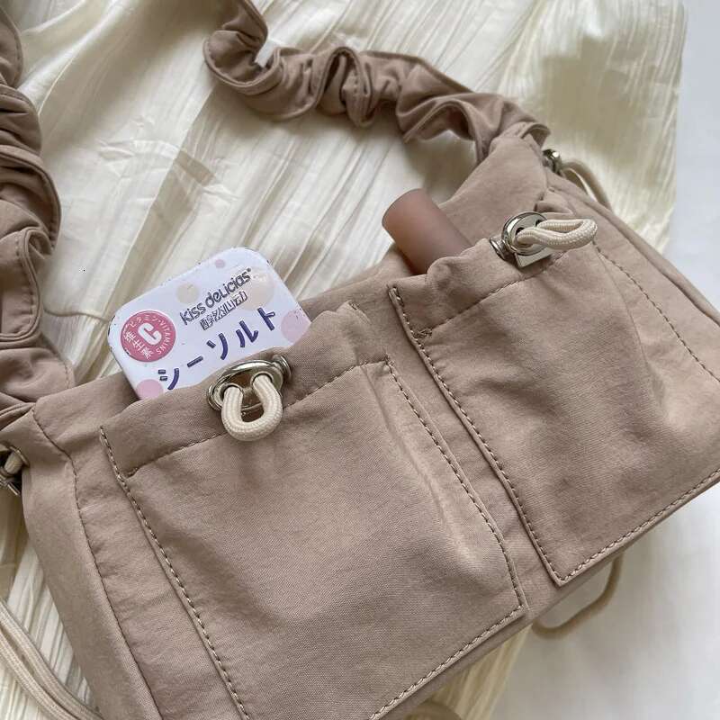 Pleated Design Shoulder Cross Body Bags Nylon Fabric Multi Pockets Satchels Drawstring Messenger Bag 2024 Latest Fashion Handbag