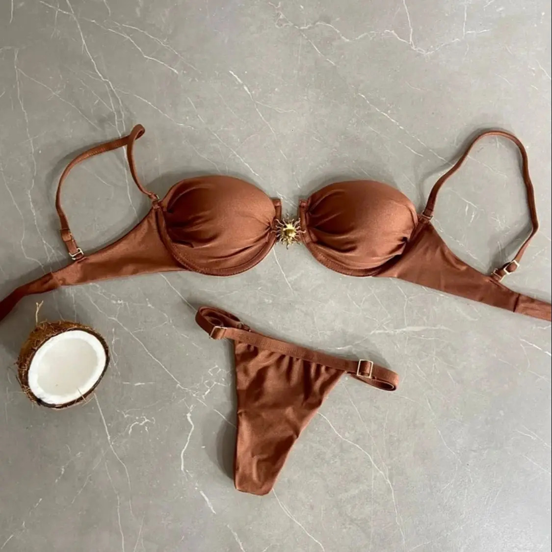 Sexy swimsuit bandage bikini womens solid shimmer long leg twopiece underwear beach wear Bandeau Biquini 250306