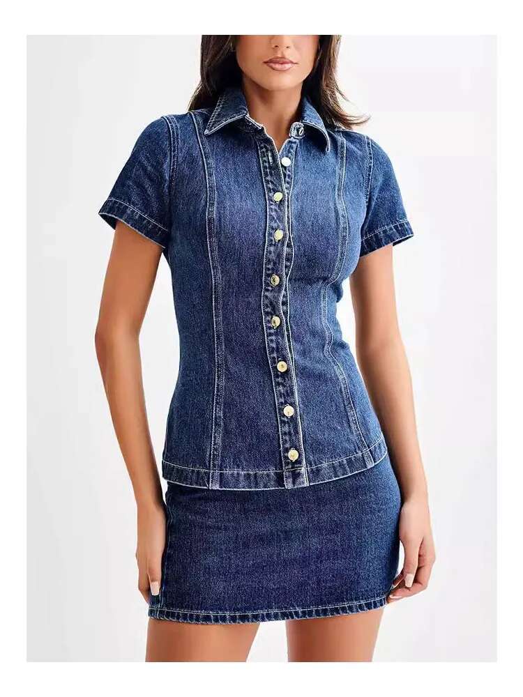 Women Denim Two Piece Sets Single-Breasted Splice Sleeve Jackets Slim Fit Straight Wrap Hip Ultra Short Skirt Female Suits