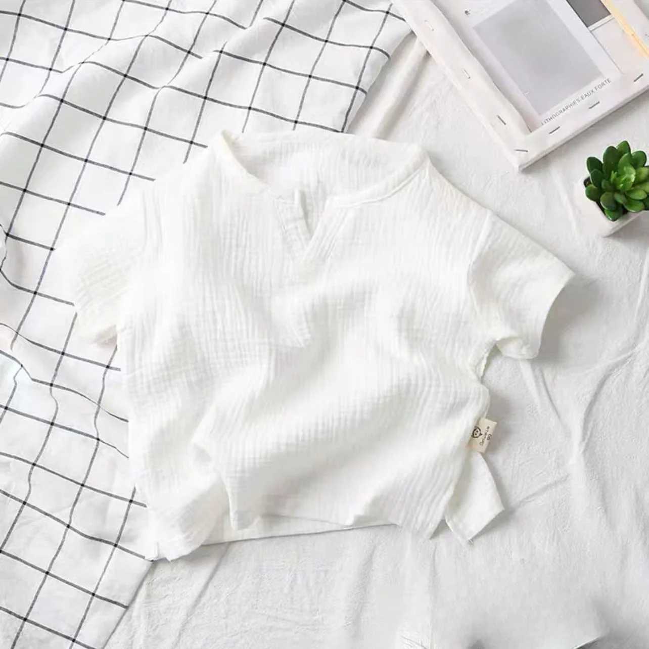 0-8Yrs 100%Cotton Childrens T-shirt for Boy and Girls Muslin Tops Shirts 2025 V Neck Short Sleeve Boys Tees Kids Girls ClothesT250306