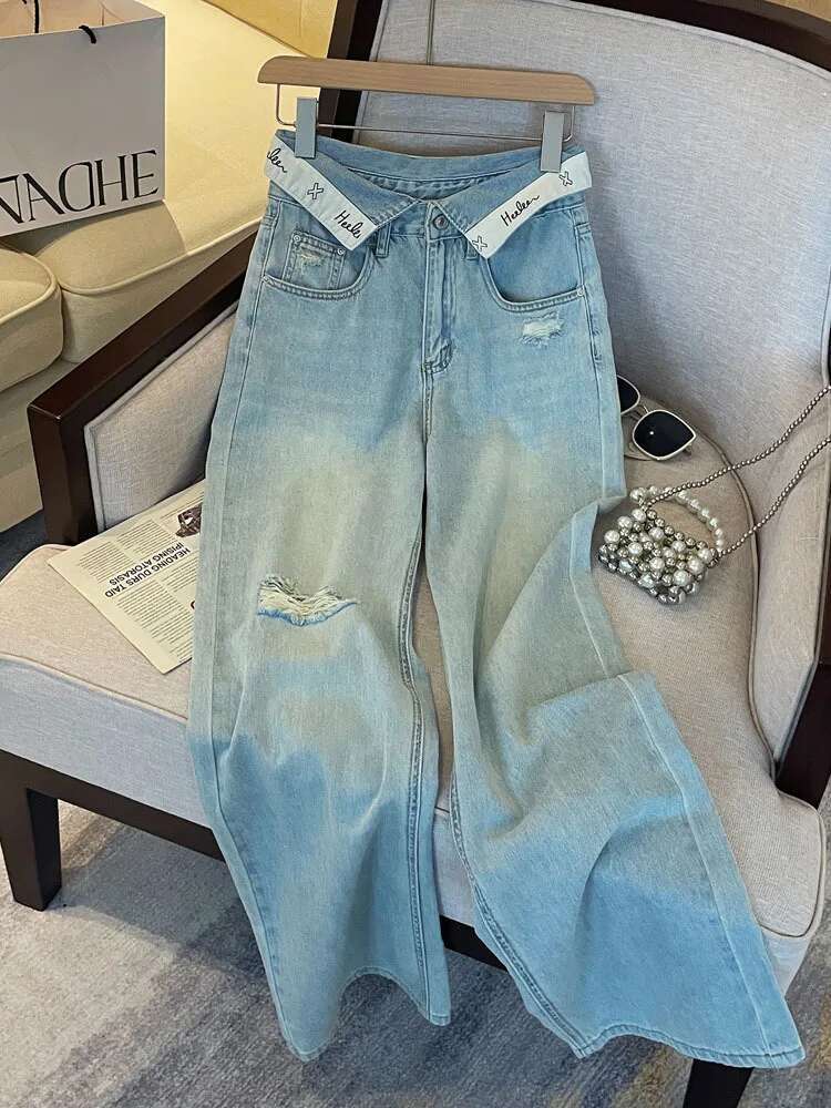Casual Letter Jeans Women Street Chic Loose Flanging Denim Pants Female Spring High Waist Straight New Wide Leg Trousers Lady