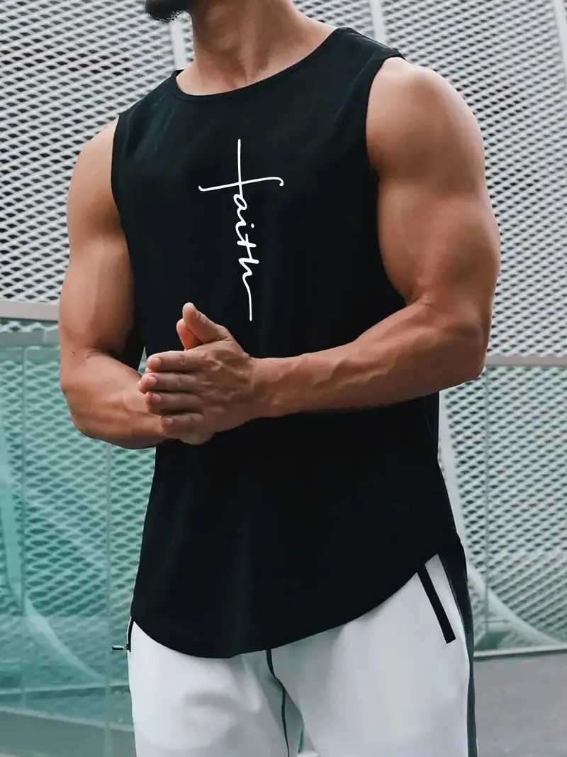 Summer Simple Letter Print Mens Round Neck Tank Top Gym Fitness Training Sports Vest Plus Size Man Sleeveless Shirt Casual TeesT250318