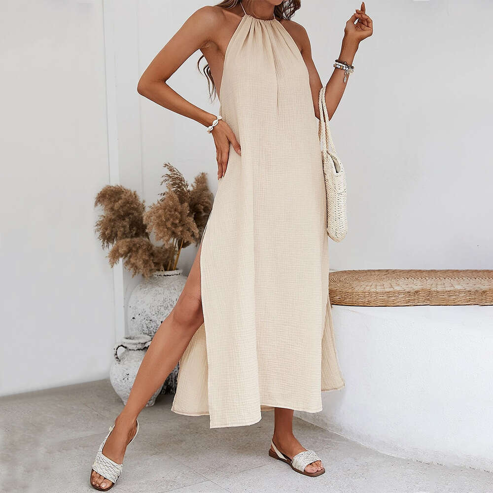 Instagram New Woven Casual Style Design Sense Open Back Beach Vacation Hanging Neck Dress KLMY
