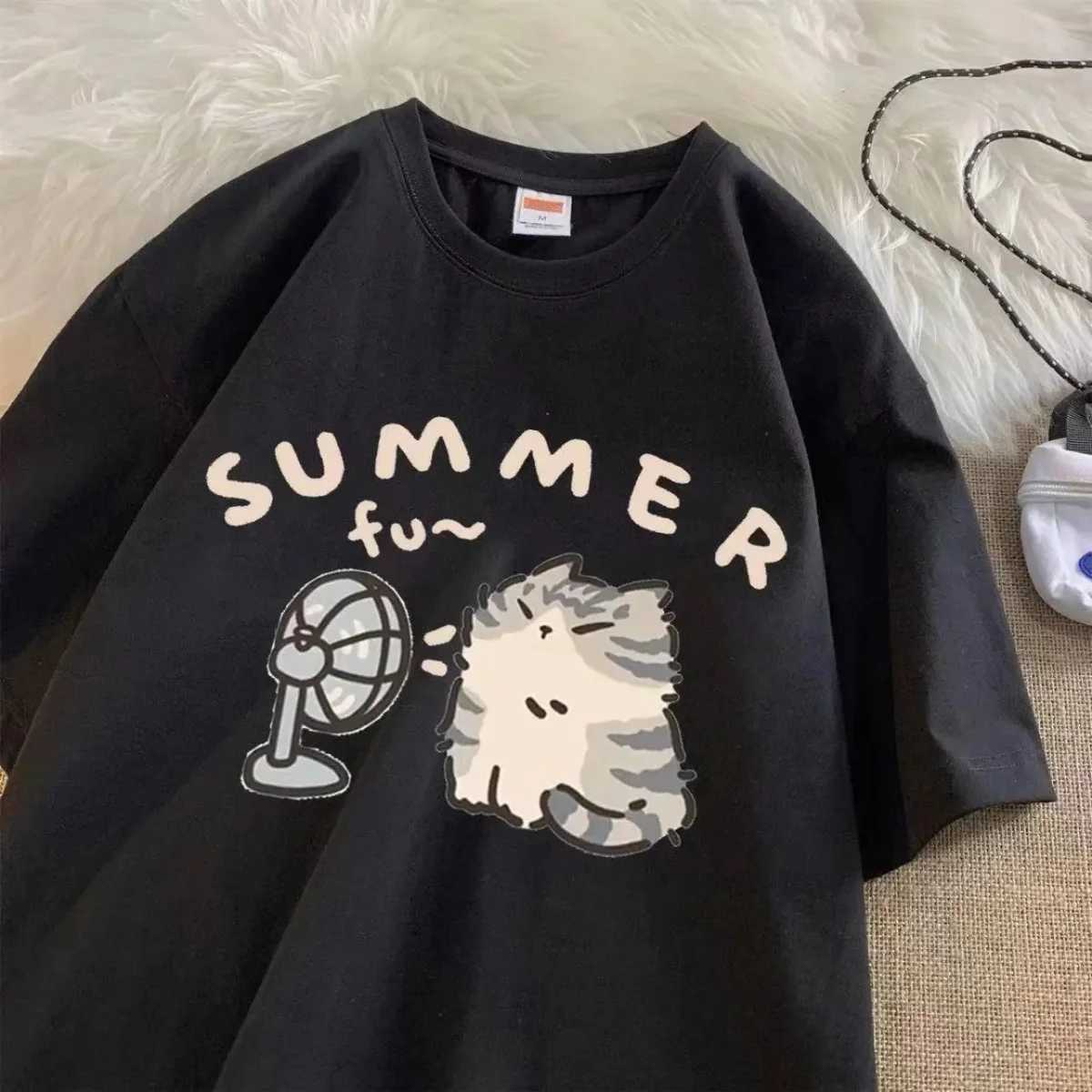 Summer Cat Print Funny Kids Woman Tees T-shirt Cotton Boys Girls Short Sleeve Korean Kpop Clothes Casual Oversized Free ShippingT250306