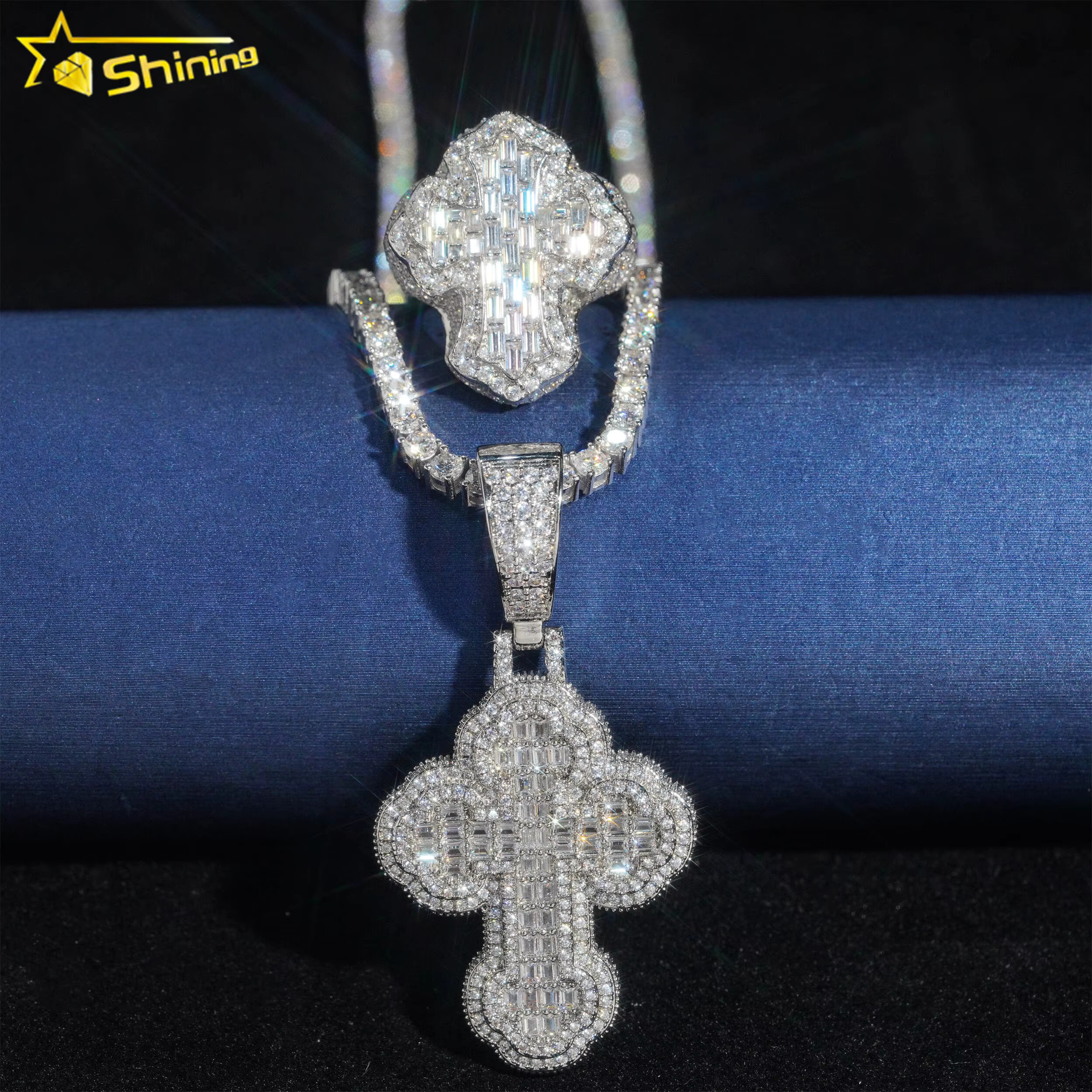 Iced Out Hip Hop Moissanite Jewelry 925 Sterling Silver Diamond Cross Pendants baguette Moissanite Diamond Rings for Men Women