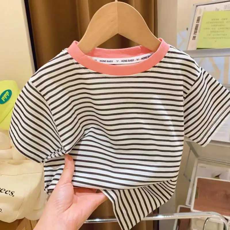Girls Summer Short-sleeved Striped Contrast T-shirt Fashion Tops Childrens Wear Pure Cotton Casual Loose Versatile Base ShirtT250306