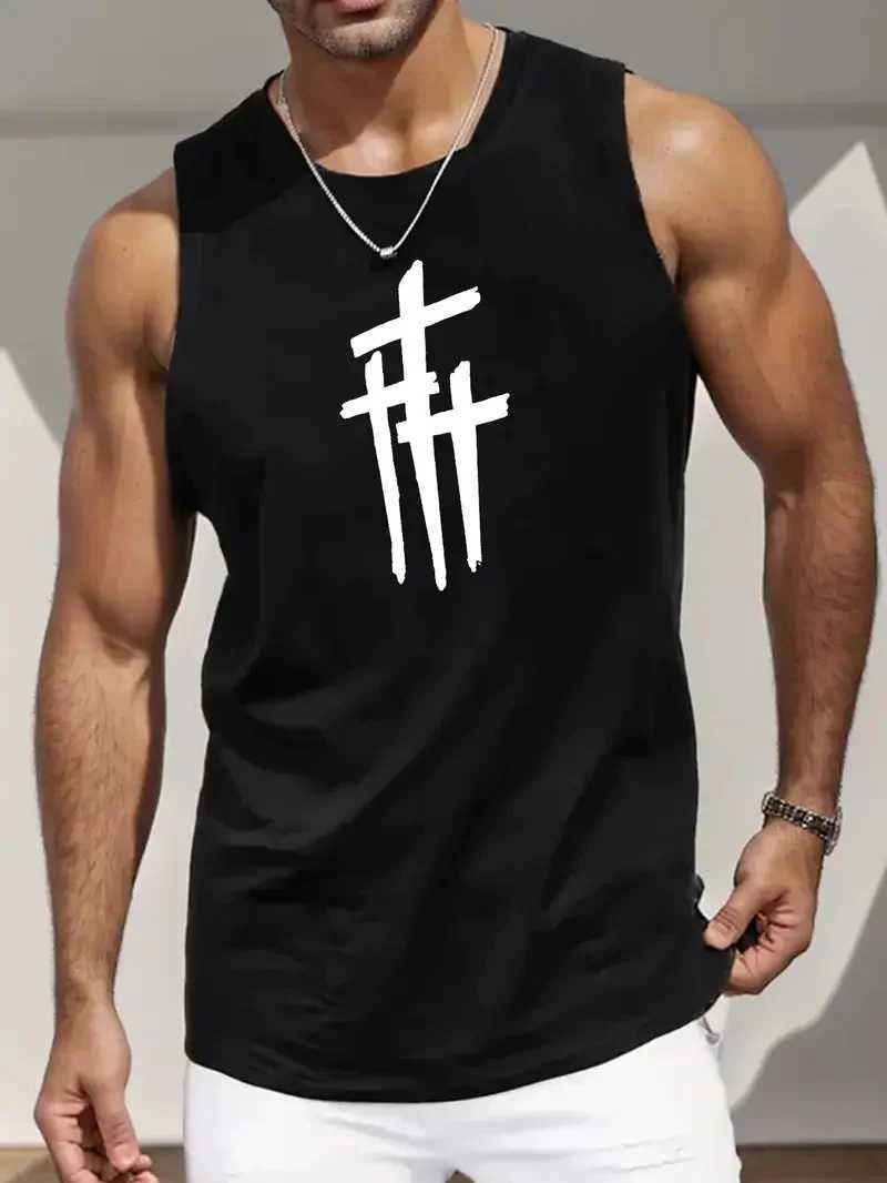 Summer Simple Letter Print Mens Round Neck Tank Top Gym Fitness Training Sports Vest Plus Size Man Sleeveless Shirt Casual TeesT250318