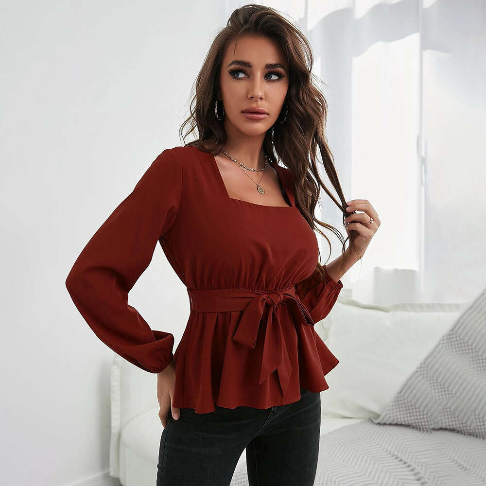 New Style Square Collar Elastic Waist With Lotus Leaf Edge Long Sleeve Women's Shirt Temperament Top KLMY