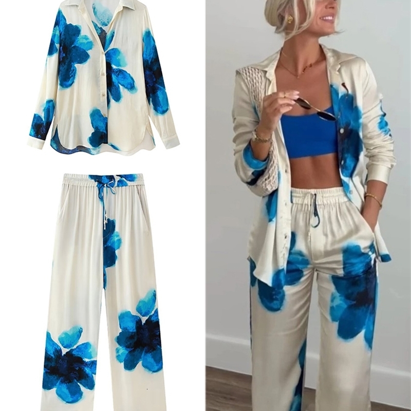 TRAFZA Womens Vintage Printed Satin Suit Loose Lapel Single Button Shirt Casual High Waisted Wide Leg Pants 250305