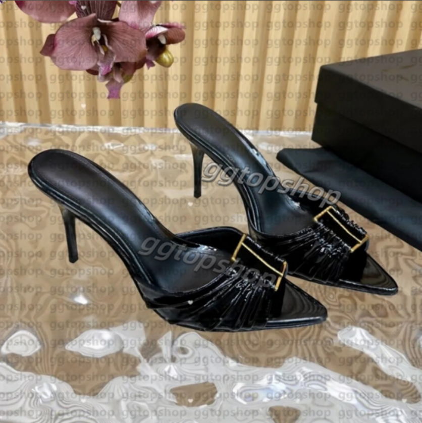 Elegant Dress Shoes Ladies Stiletto Slippers Mule Genuine Leather Fashionable New Letter Buckle Sharp Toes Sandals Women Designer High-Heeled Slipper