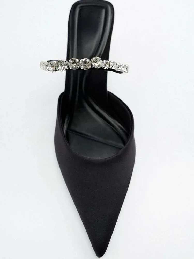 High Heel Sandals Summer 2022 New Pointed Toe Stiletto Black Sexy Ladies Sandals Rhine Sequins Big Size Slippers with shoes Y250306