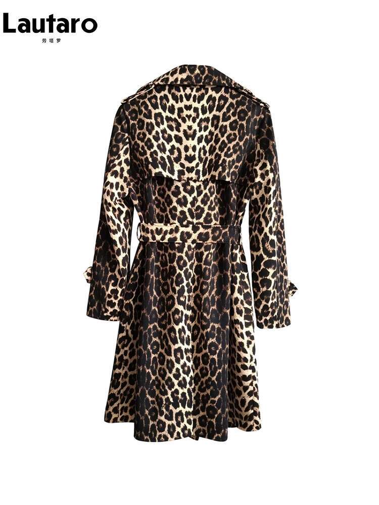 Lautaro Spring Autumn Long Stylish Leopard Print Trench Coat For Women Belt Double Breasted Casual Designer Clothes 2023