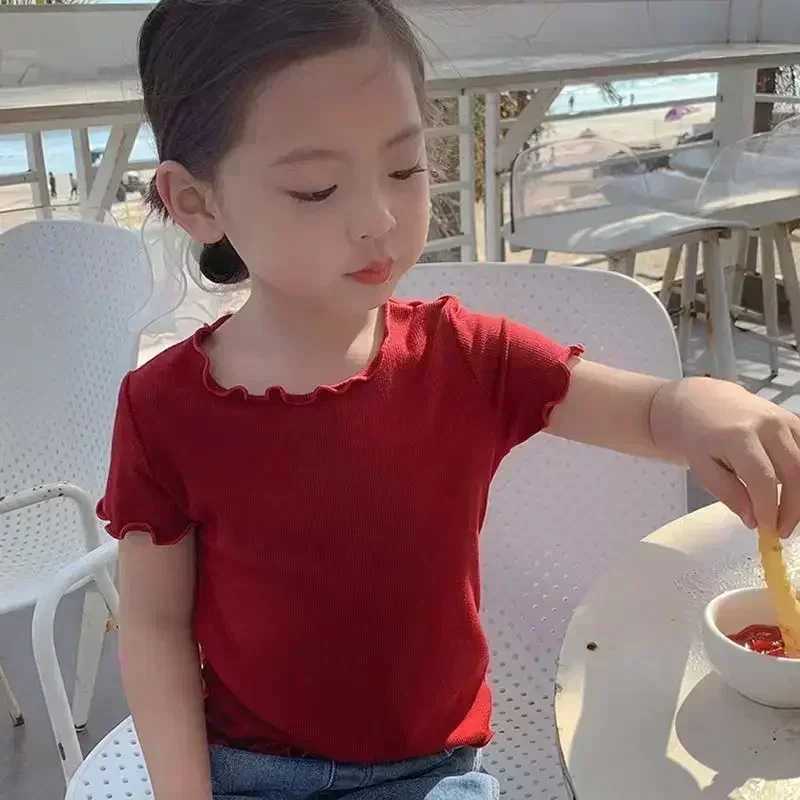 Girls Casual Ice Silk Short Sleeved T-shirt Summer Children Ear Edge Top 2-10 Years Old Girl Versatile Half Sleeved ClothesT250306