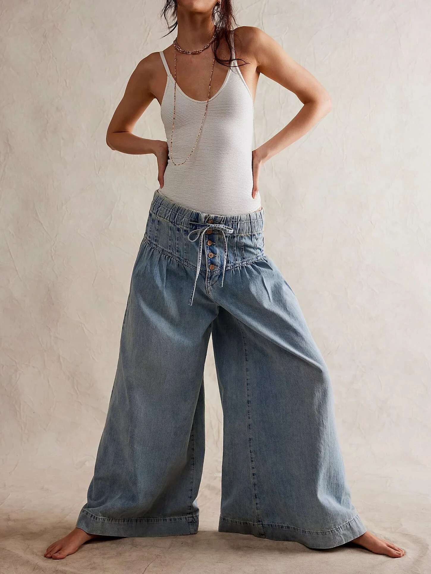 Canwedance Free Style Full Length Mid Waist Boho Folds Cotton Hippie Wide Leg Pants 3Xl Trousers Chic People Jeans