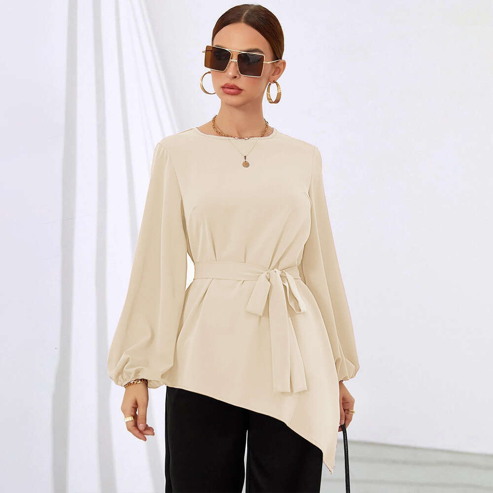 Spring/Summer Style Irregular Top Wrapped Waist Long Sleeved Women's Shirt KLMY
