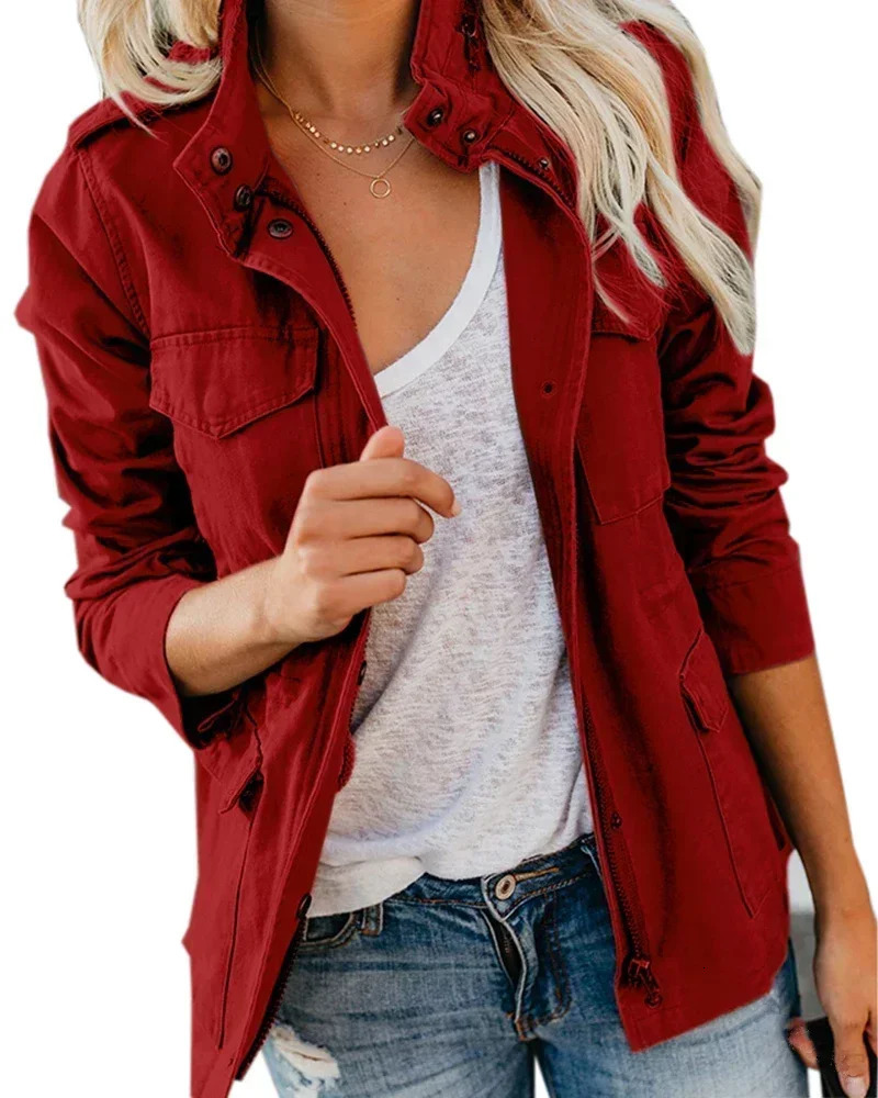 Womens Zipper Jacket Autumn Long Sleeve Casual Street Windproof Anorak Stand up Collar 250306