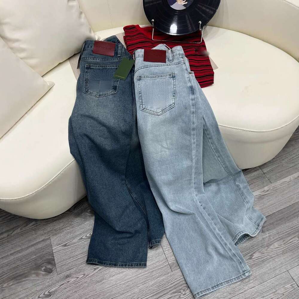New Red Embroidered Narrow Edition Versatile Jeans, Leather Label Back Waist, Pocket Wide Straight Leg Pants For Women
