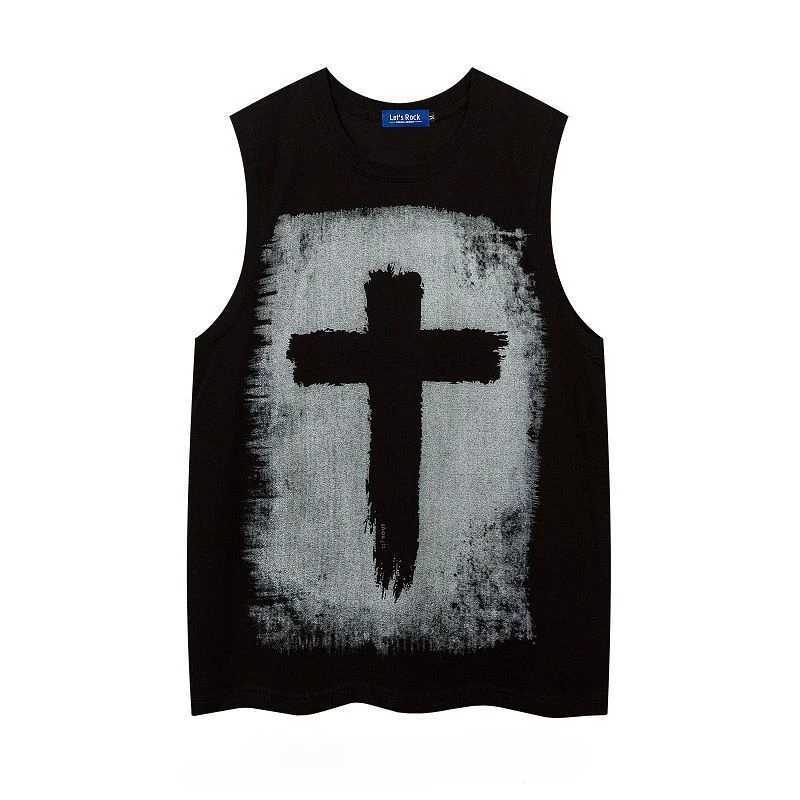 Mens Summer O-neck Sleeveless Short Sleeved Gothic Cross Printed Vests Trendy High Street American Retro Loose Casual Tank TopsT250318