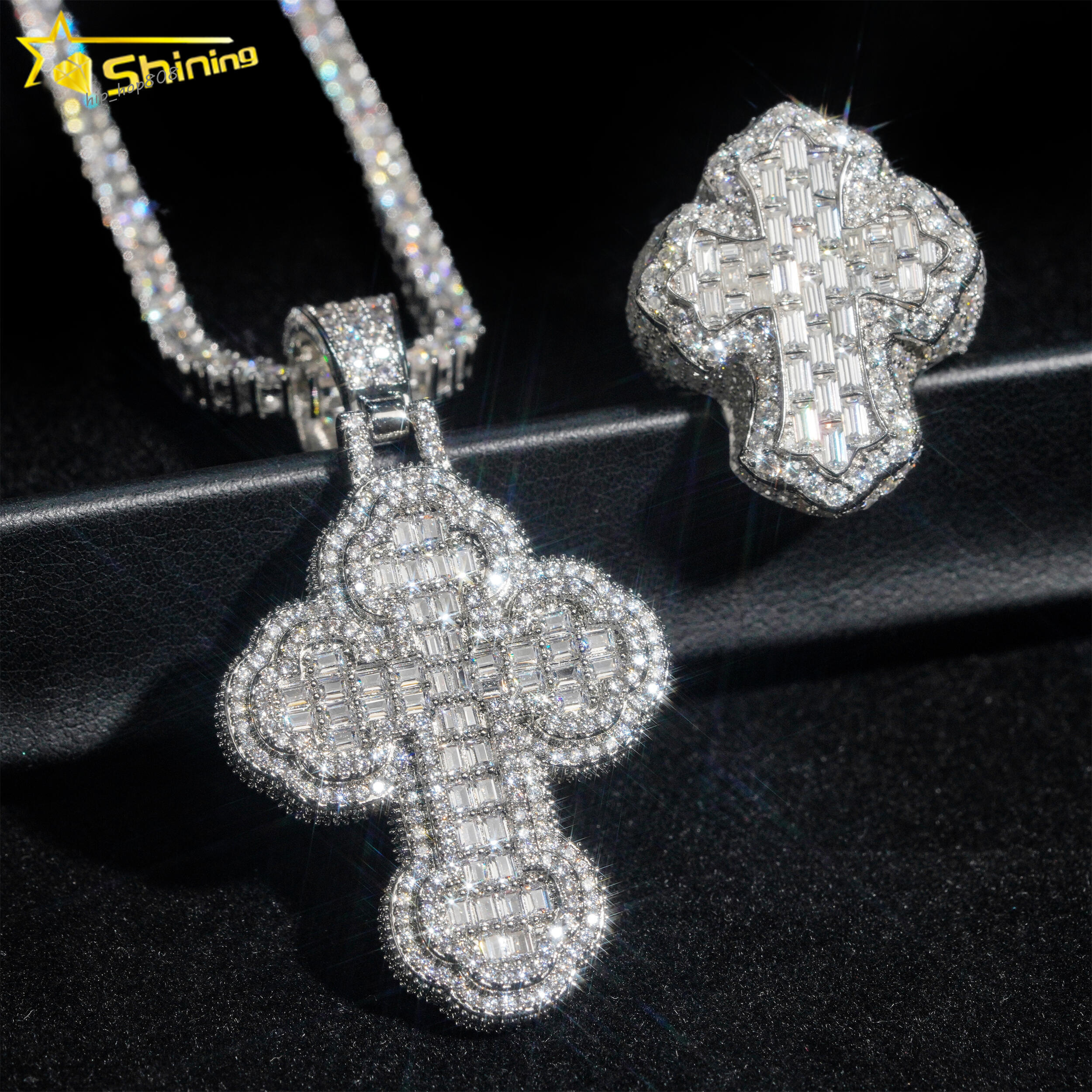 Iced Out Hip Hop Moissanite Jewelry 925 Sterling Silver Diamond Cross Pendants baguette Moissanite Diamond Rings for Men Women
