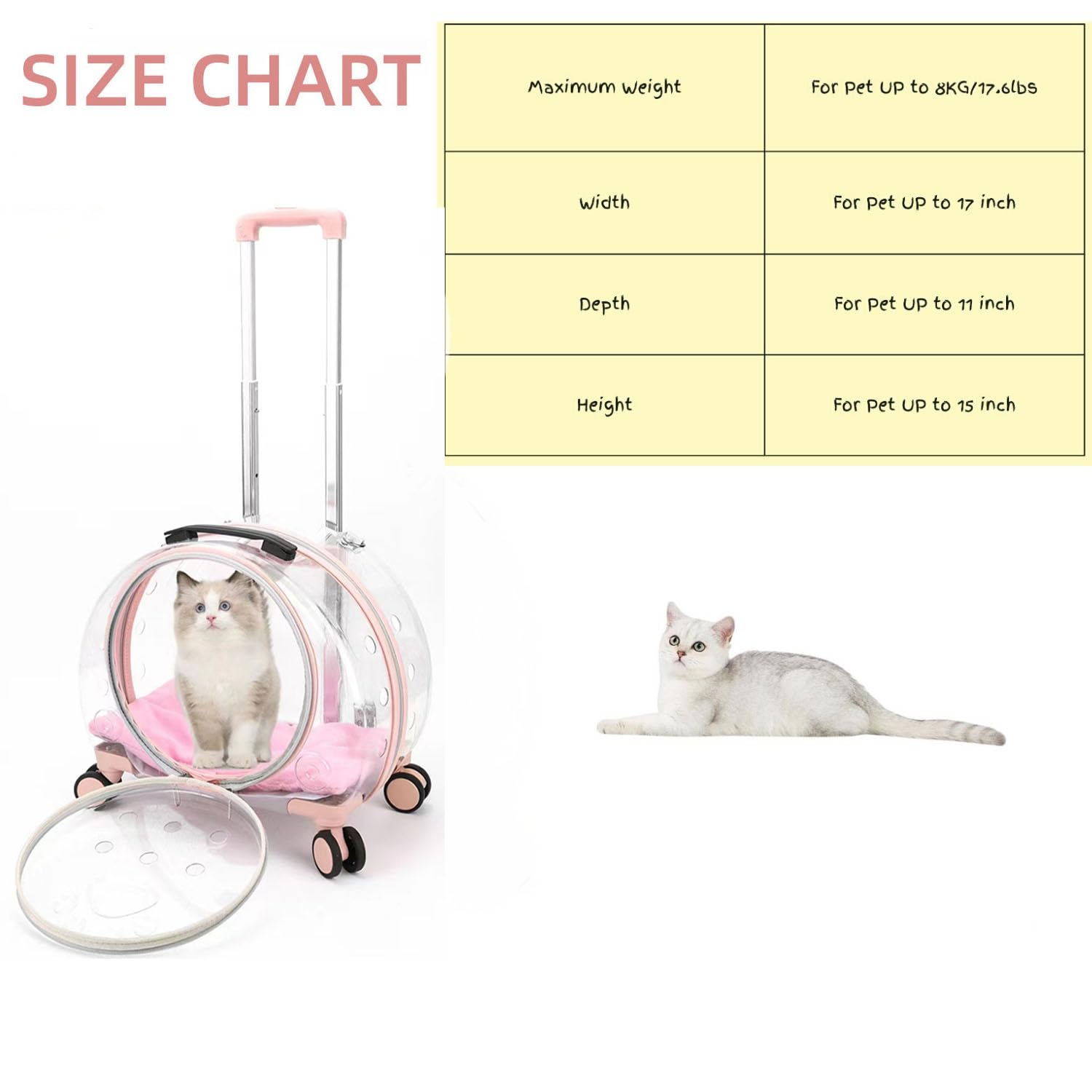 Transparent & Fully Breathable Hard cat Carrier with Rolling Wheels for Dogs, Cats, or Bunnies, Multiple Carrying Options, Perfect for Traveling/Takin