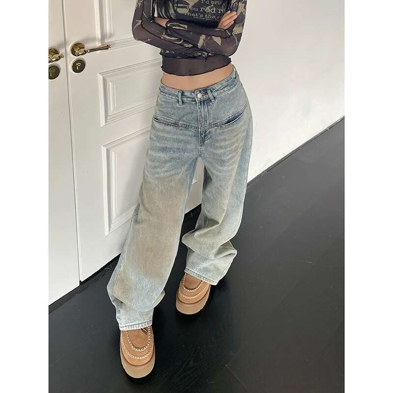 Women's American Vintage Y2k Washed Thin Jeans Street Casual Neutral Style Blue Denim Trousers Female High Waist Straight Pants