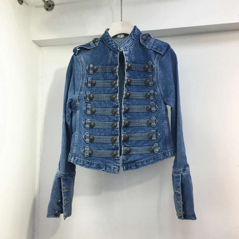 Retro Military Style Handsome Stand Collar Female Double-Breasted Old Wild Slim Short Denim Jackets Outerwear