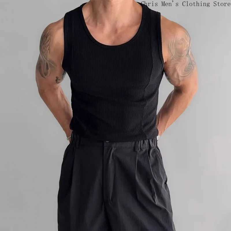 Muscle Men Elastic Tight Vest Street Fashion Solid Color Knitted Vest Fitness Sports Running Mens Sweatshirt Mens Base CoatT250318