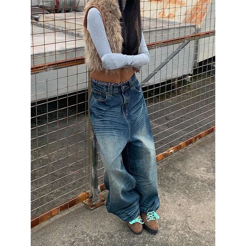 Y2k Style Blue Women Jeans 2024 Vintage Fashion High Waisted Streetwear Wide Leg Jean Female Trouser Hip Hop Baggy Denim Pants