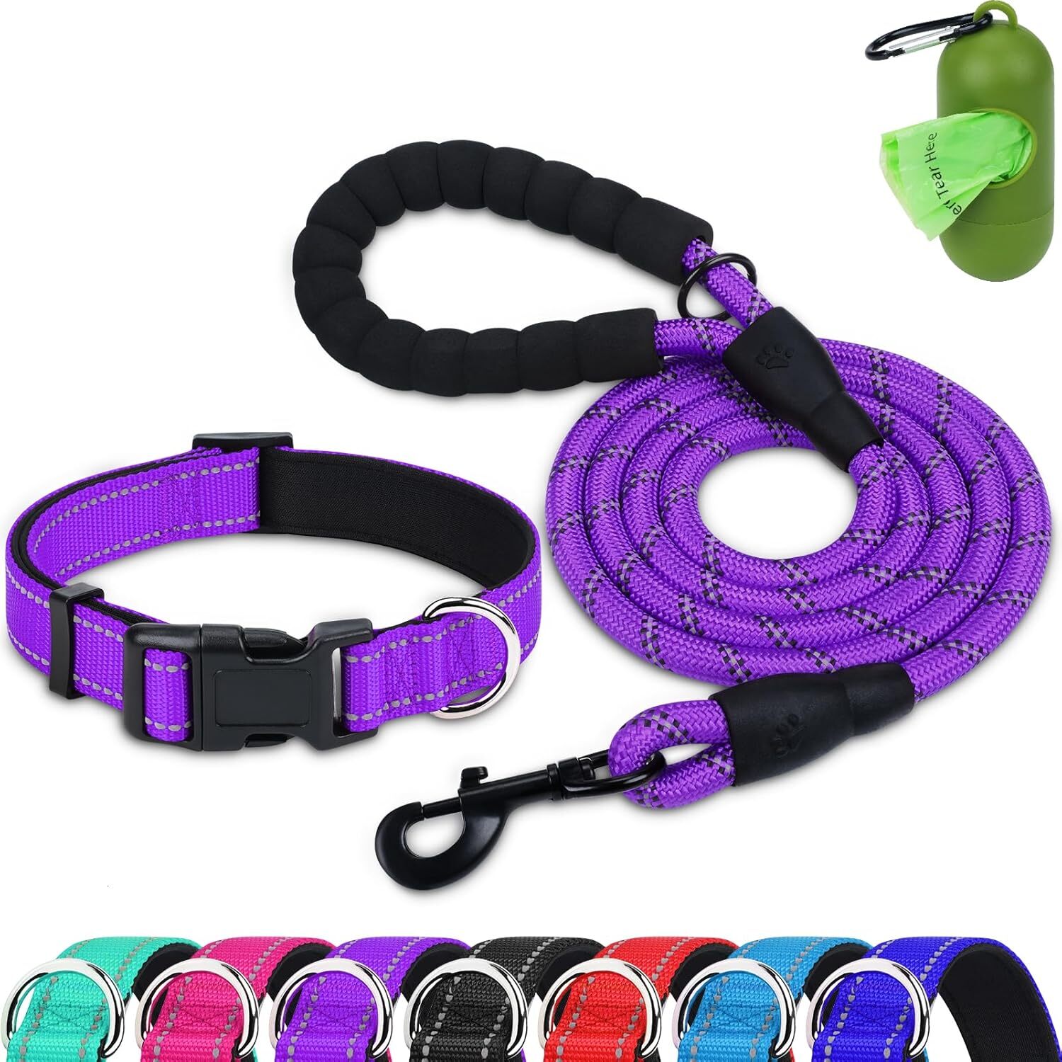 Premium Reflective Nylon Dog Collar & Leash Set with Neoprene Padding - 6ft Lead, Waste Bag Dispenser (S/M & Medium Sizes) Dog kit Dog shick collar