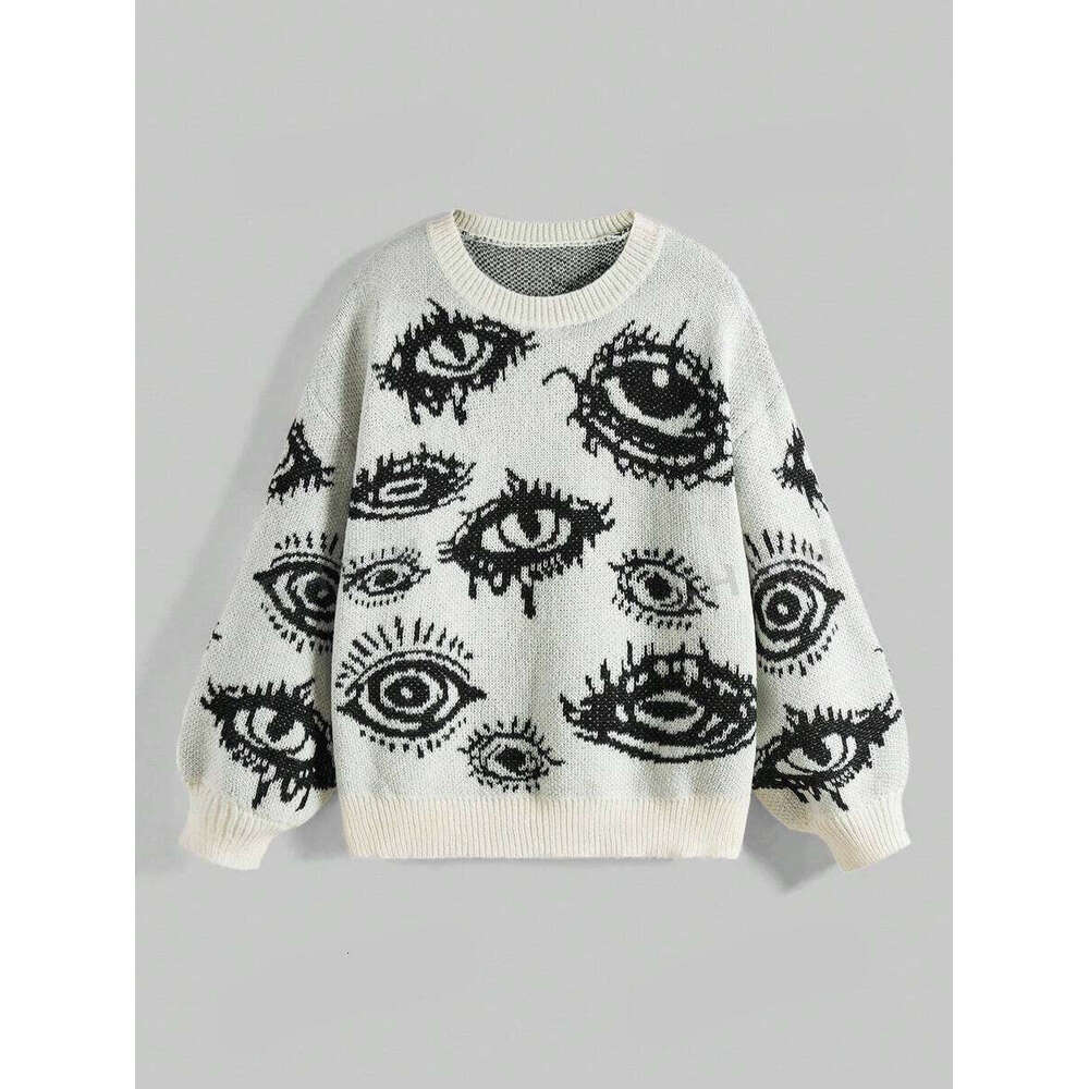 Personalized round neck long sleeved loose knitted sweater with jacquard pattern for winter warmth gift for man