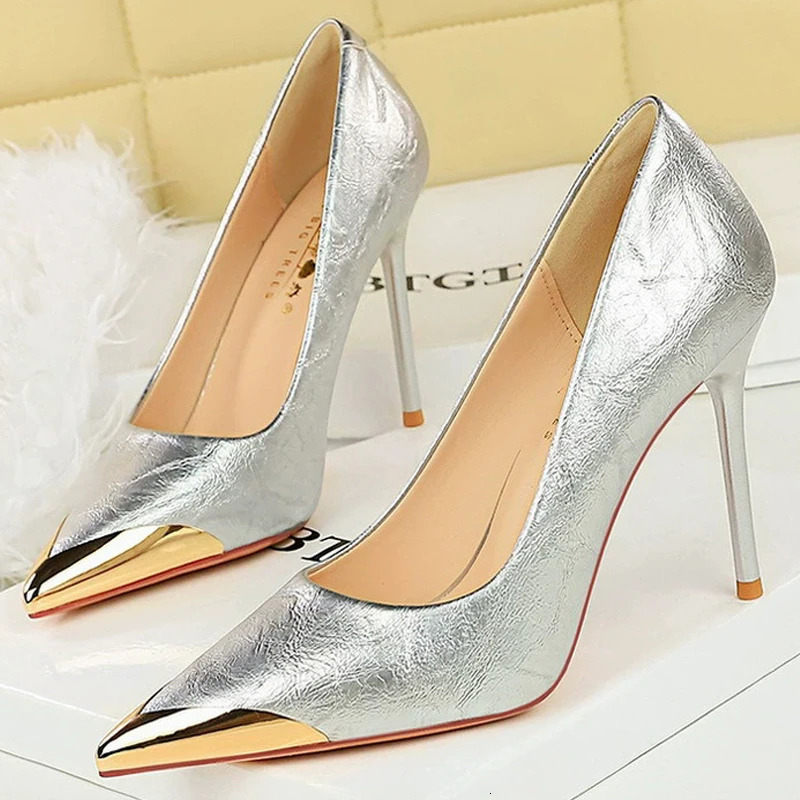 BIGTREE Shoes Women 9.5 cm silvery black white Wine Red Women Pumps Metal pointed tip High Heels Sexy party shoes stilettos 250306